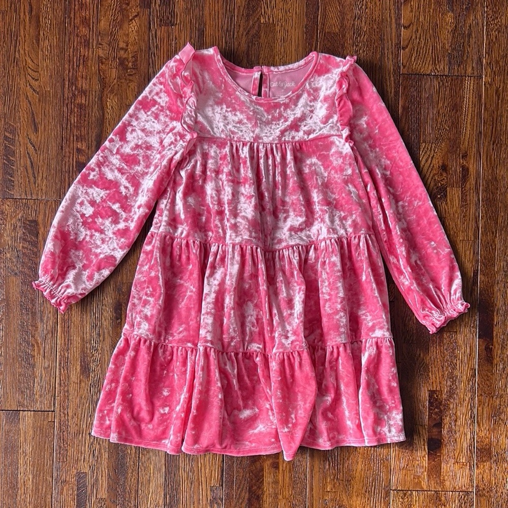 Cat & Jack Pink Tiered Velvet Long Sleeve Dress